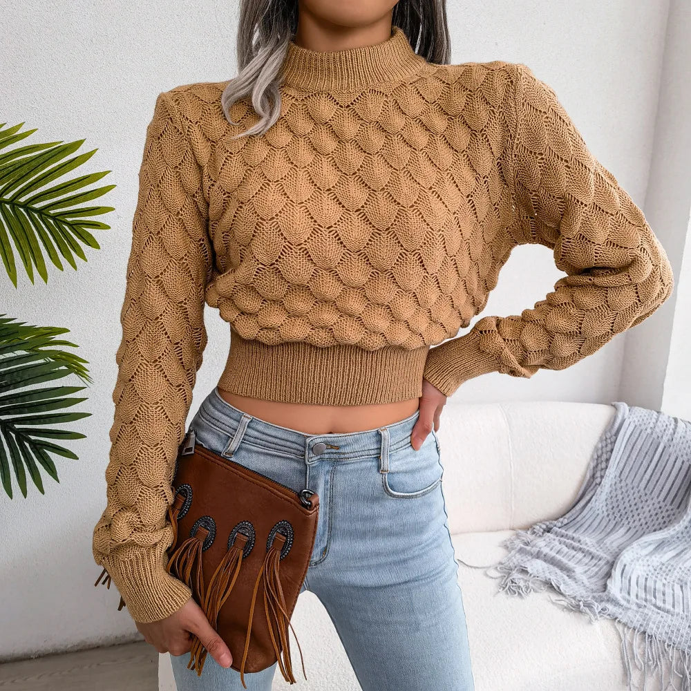 Women's Fall Winter 3D Diamond Cutout Long Sleeve Solid Color Chic Crop Knit Sweater