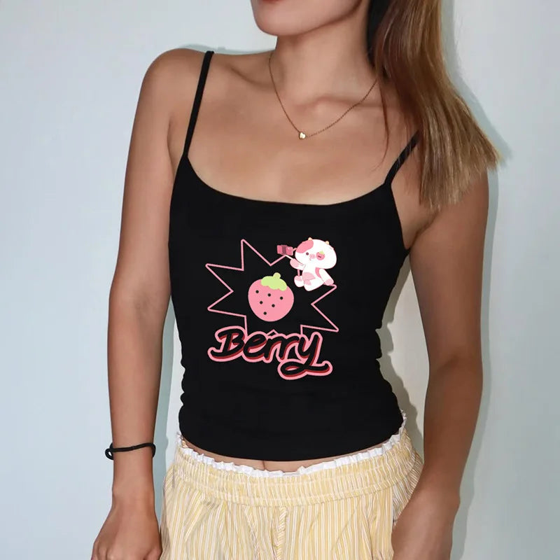Women's Y2K Letter Print Summer Camisole Top Slim Fit Backless Basic Cropped Tank Top