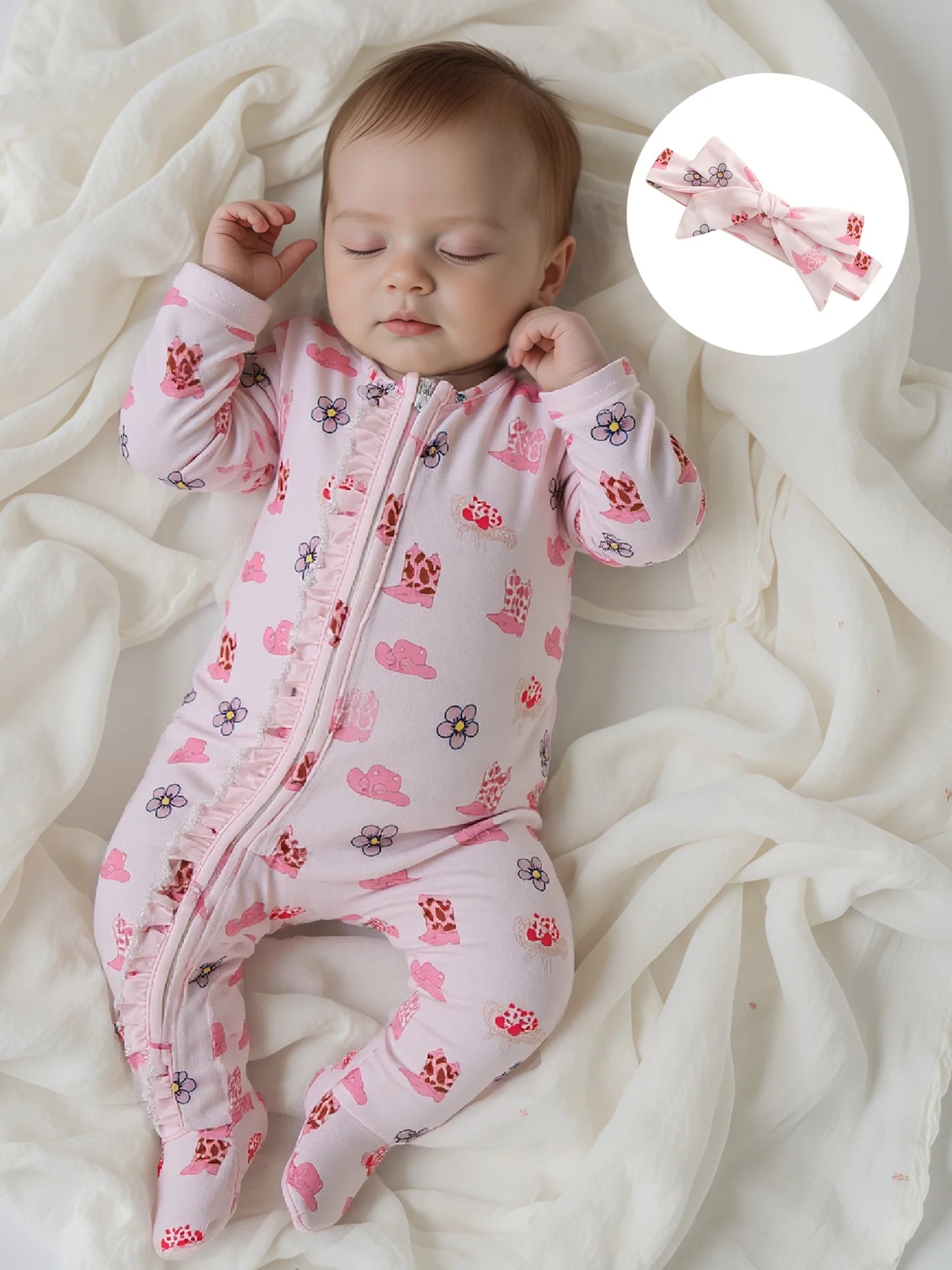 Baby Fall Winter Romper with Floral Hat Print - Zip Up Footed Jumpsuit & Headband (0-18M)