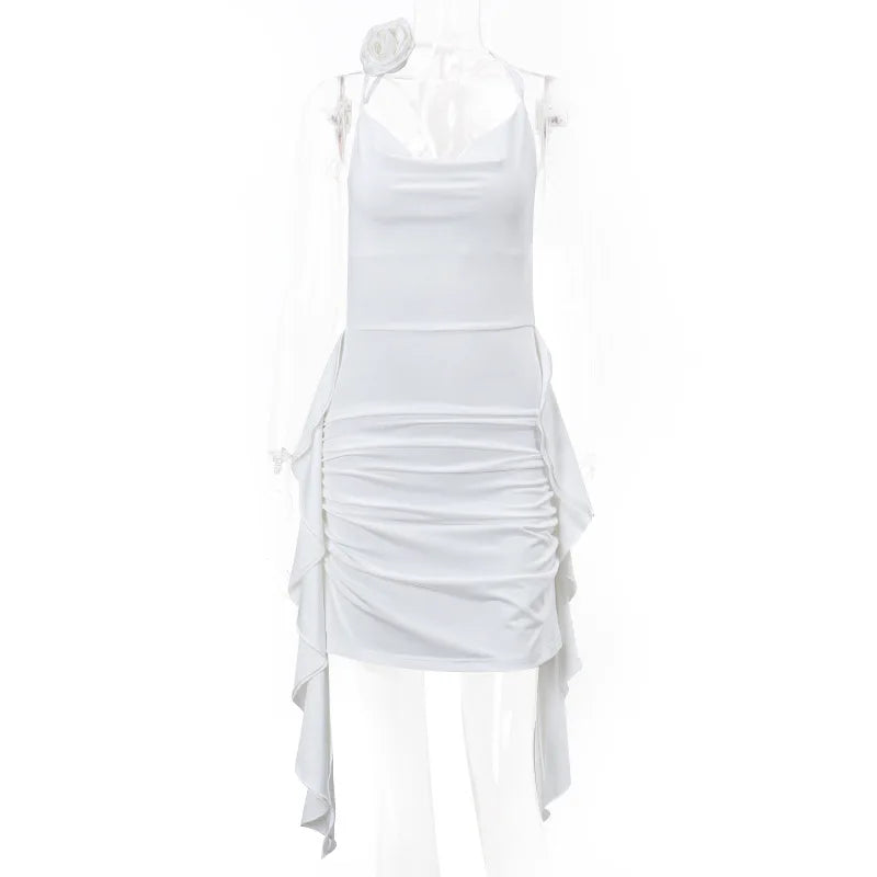 Women's Coquette Aesthetic Ruffle Detail Mini Outfit Sleeveless Floral Applique Halter Backless Party Dress