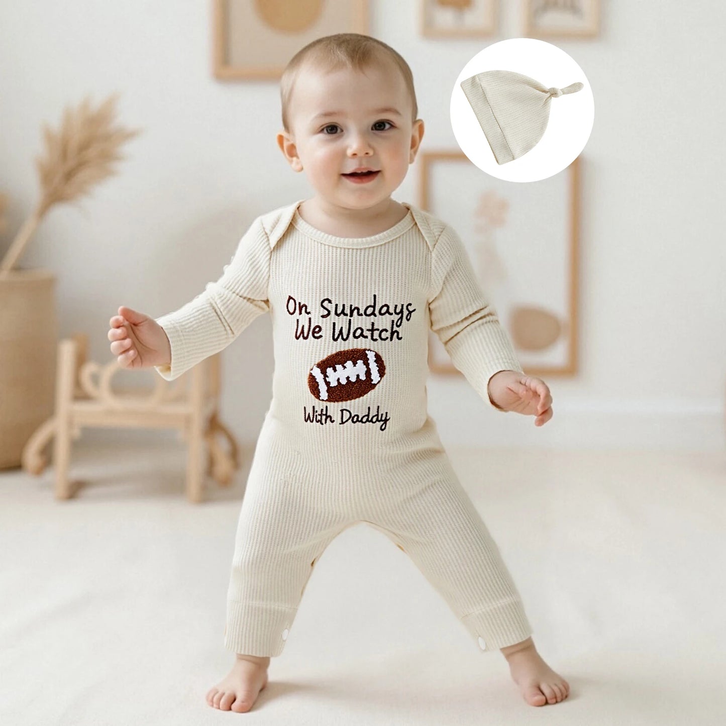 Newborn Baby Football Romper with Hat - Letter Embroidery Long Sleeve Full Length Jumpsuit