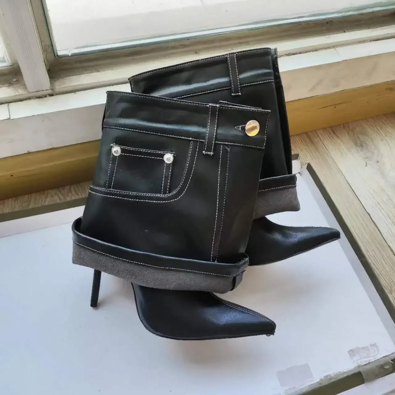 Women's Pointed Head Vintage Denim Pocket Fabric Knee Length High Heels Boots