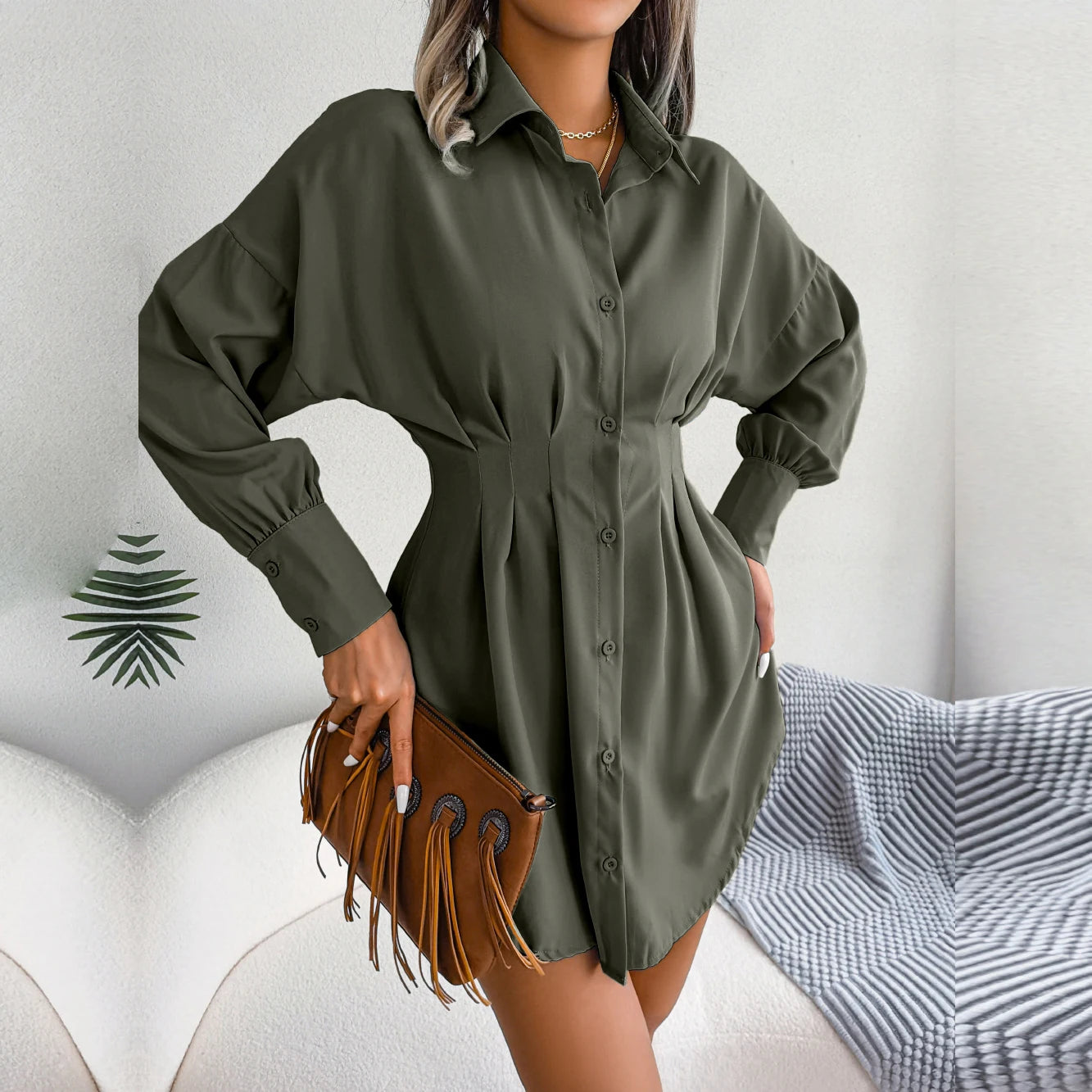 Women's Autumn Winter Casual Lantern Sleeve High Waist Asymmetric Dress Shirt Dress