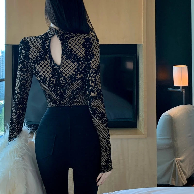 Women's Summer Chic Flocking Slim Backless Bodycon Bodysuit