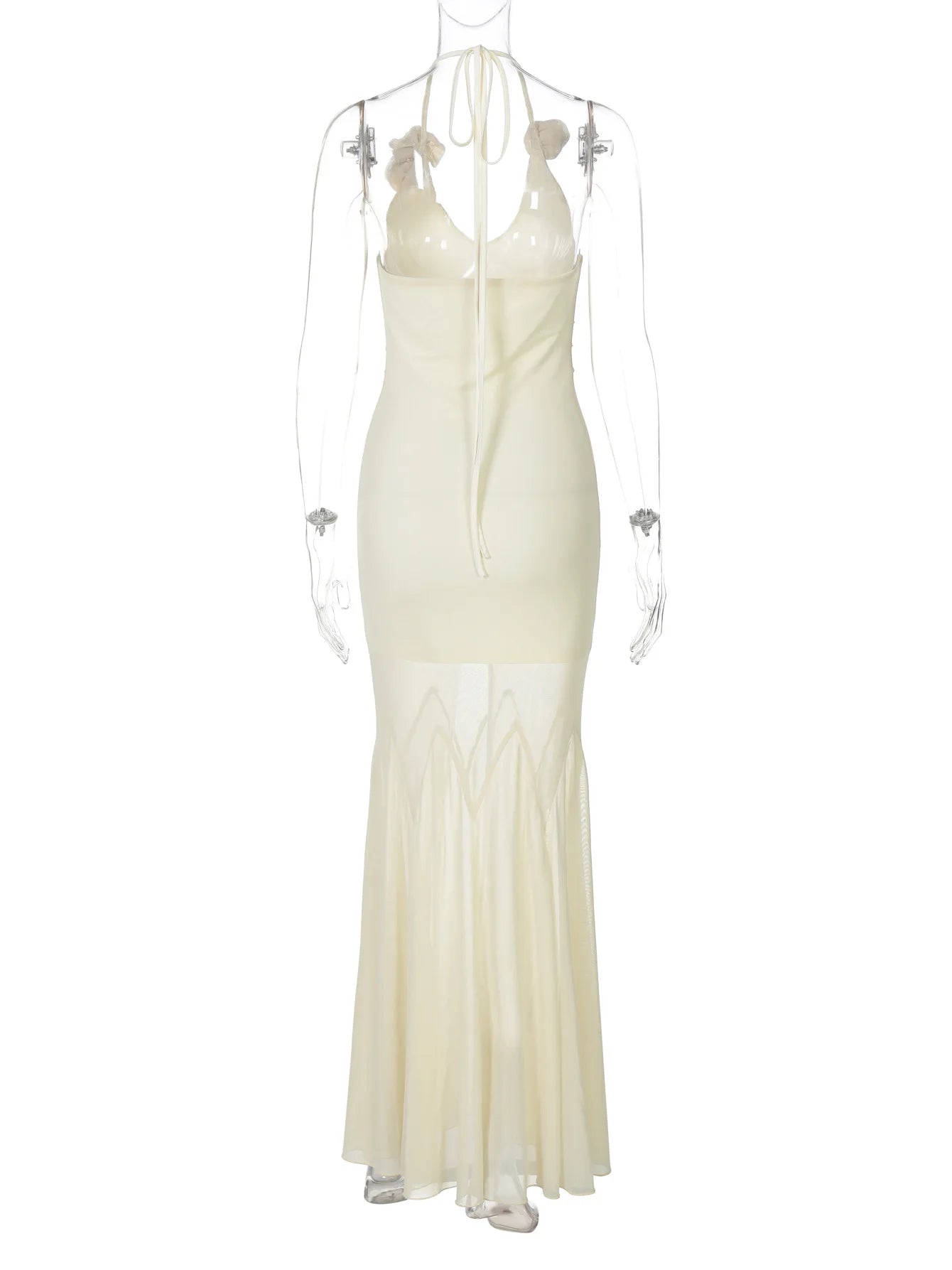 Women's Floral Applique Maxi Summer Halter Neck Plunge Backless Mesh Sheer Dress
