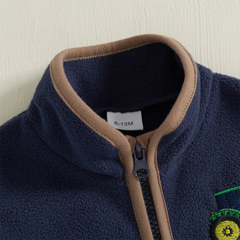 Toddler Boy's Autumn Vest - Sleeveless Zip-Up Tractor Embroidery Fleece Jacket