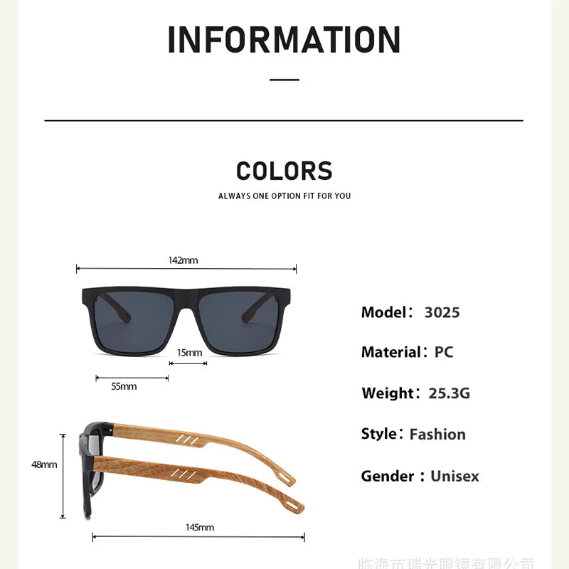 Unisex Square Sunglasses - Wood Effect UV400 Protection Driving Eyewear
