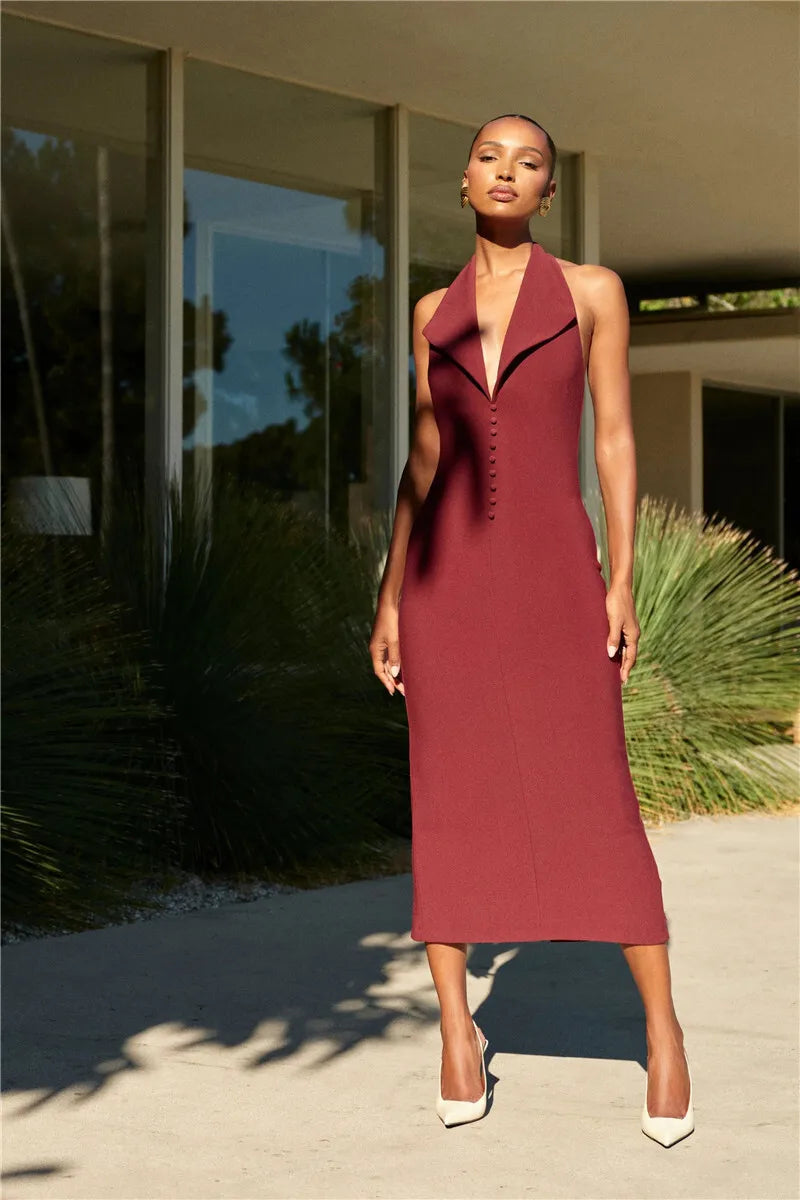 Women's Halter Deep V Neck Sleeveless Maxi Elegant Backless Bodycon Tank Long Dress