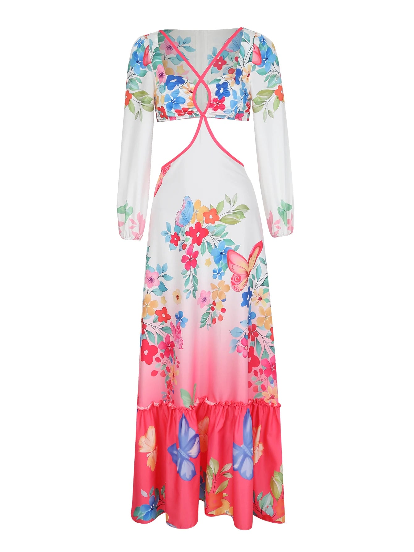 Women's Floral Print Long Sleeve Halter Naked Waist Long Summer Dress