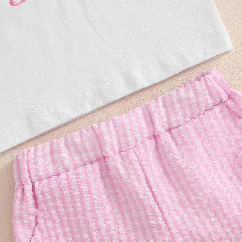 Baby Girls Summer Outfit Set - Letter Embroidery T-Shirt & Plaid Shorts (0-3Y)