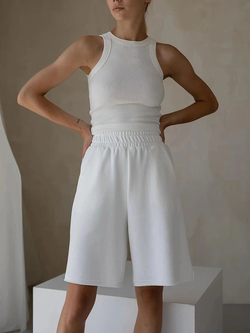 Women's 100% Cotton Shorts Set Half Sleeve Patchwork T Shirts & High Waist Shorts Two Pieces Set