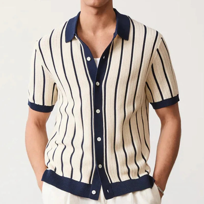 Men's Summer Striped Knit Polo Patchwork Short Sleeve Turn Down Collar Smart Casual Shirt