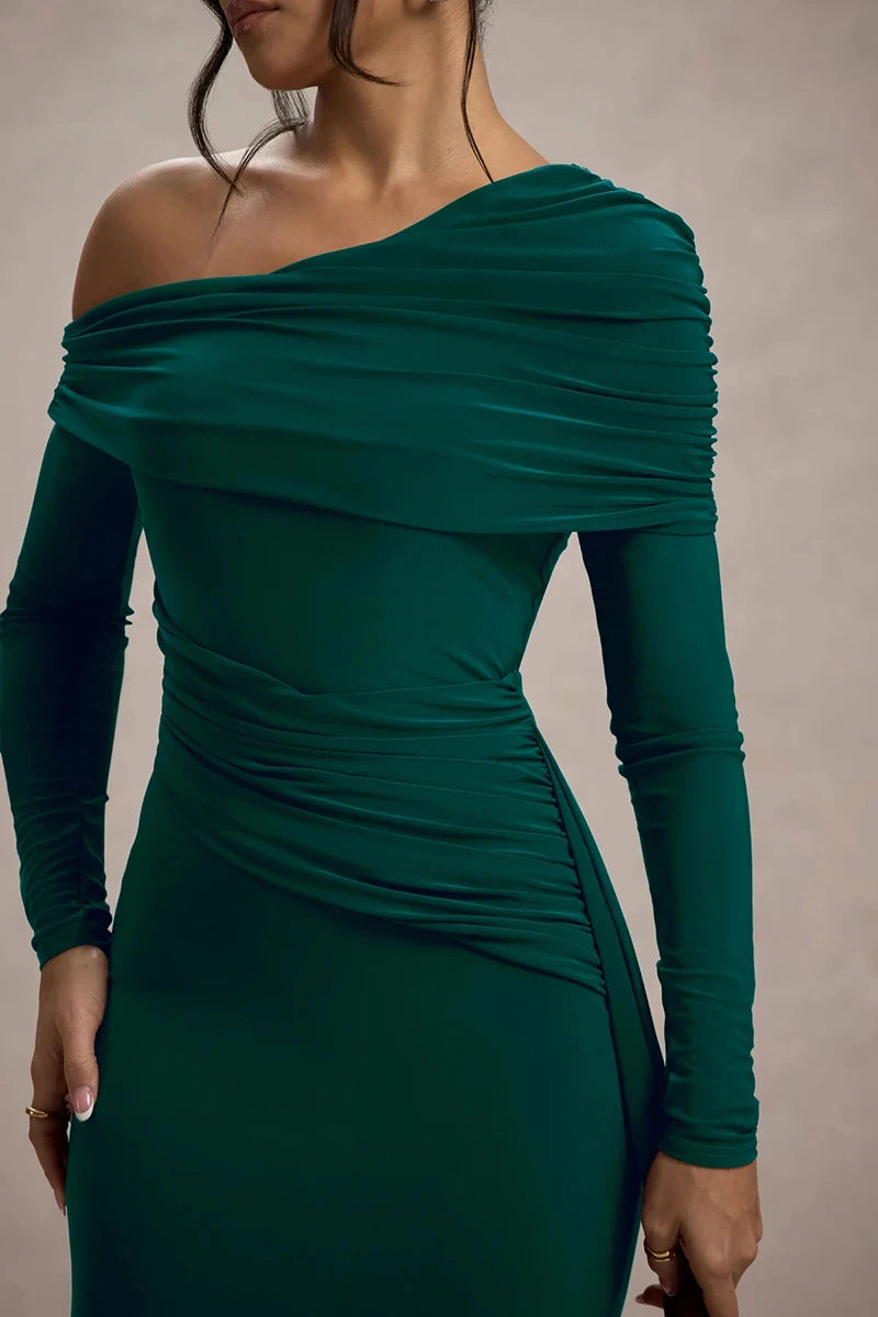 Women's Skew Collar Long Sleeve Maxi Backless Draped Ruched Bodycon Long Dress
