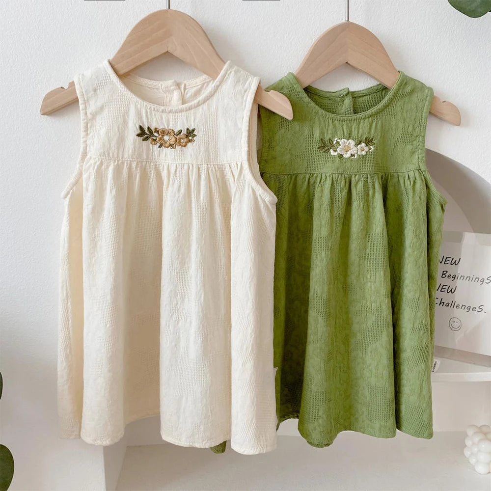 Girls' Summer Dress - Flower Embroidered Tank Top Princess Dress