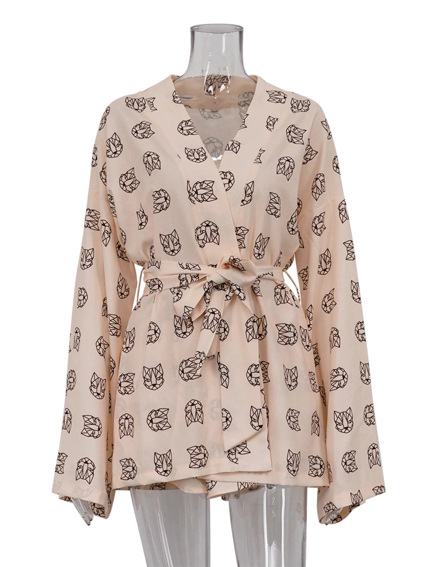 Women's Casual Print Pyjamas Lace-Up Long Sleeve Robes Shorts Sleepwear Set