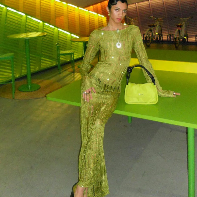 Women's Hollow Out Knitted Open Back Maxi  Elegant Long Sleeve Sheer Dress