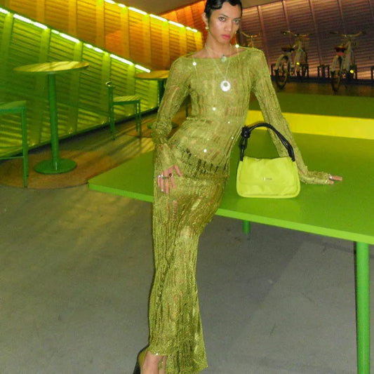 Women's Hollow Out Knitted Open Back Maxi  Elegant Long Sleeve Sheer Dress