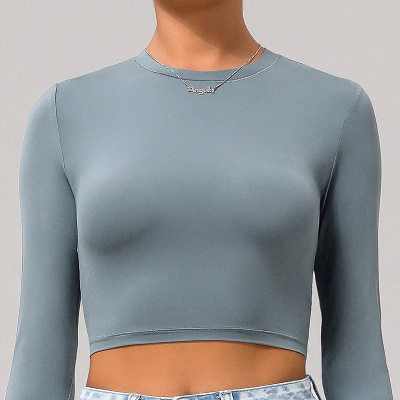 Women's Slim Fit Yoga Shirt Solid Colour Long Sleeve Gym Running Top Breathable Quick Dry Workout Crop Top Sportswear