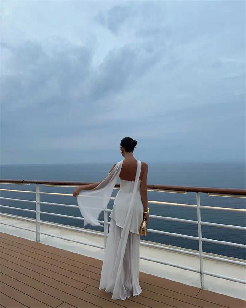 Women's Elegant Strapless Maxi Gown With Scarf Off-shoulder Sleeveless Backless Split Beach Long Dress