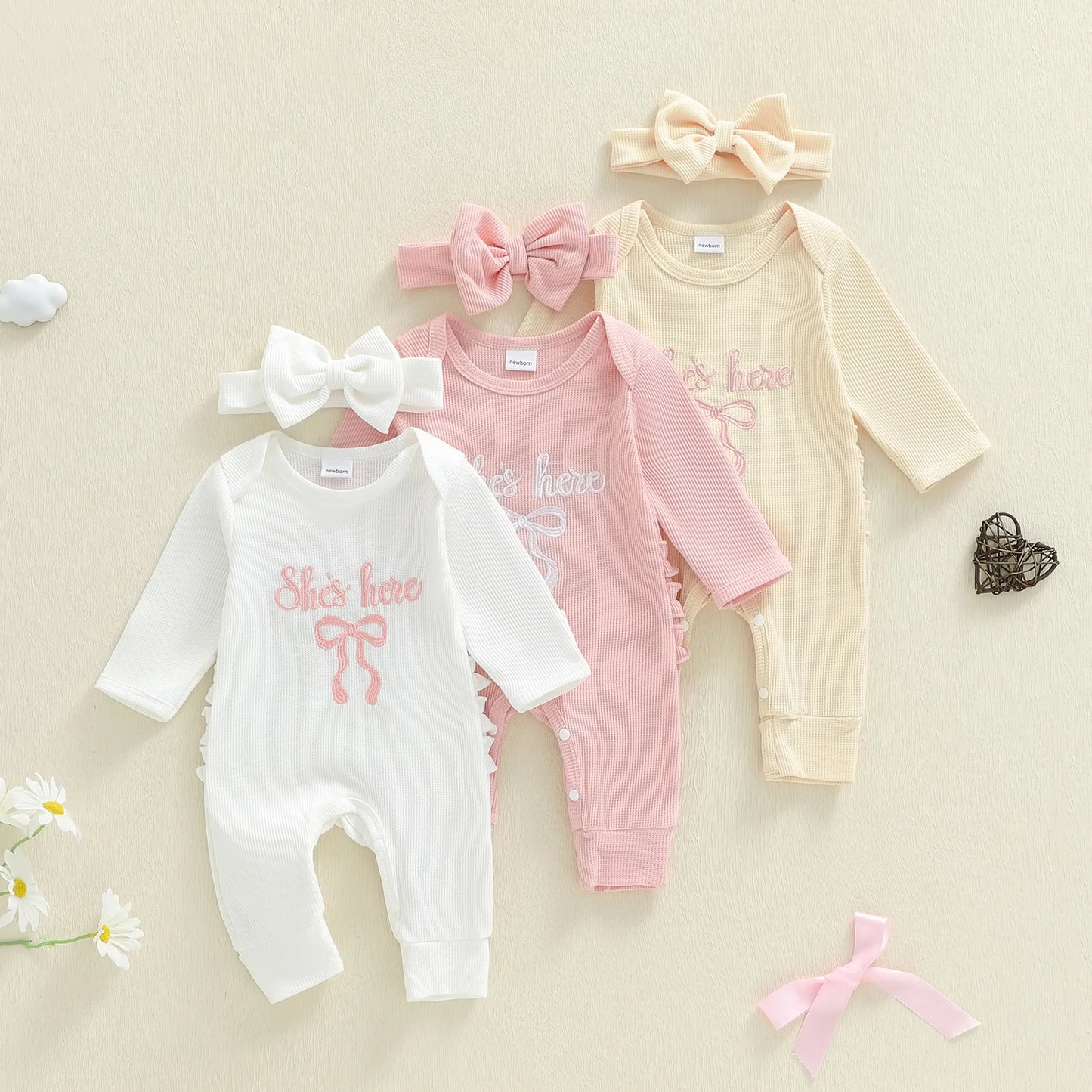 Newborn Baby Fall Winter Romper - Bow Letter Print Waffled Jumpsuit with Headband (0-6M)