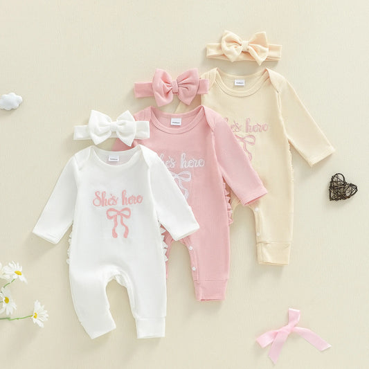 Newborn Baby Fall Winter Romper - Bow Letter Print Waffled Jumpsuit with Headband (0-6M)