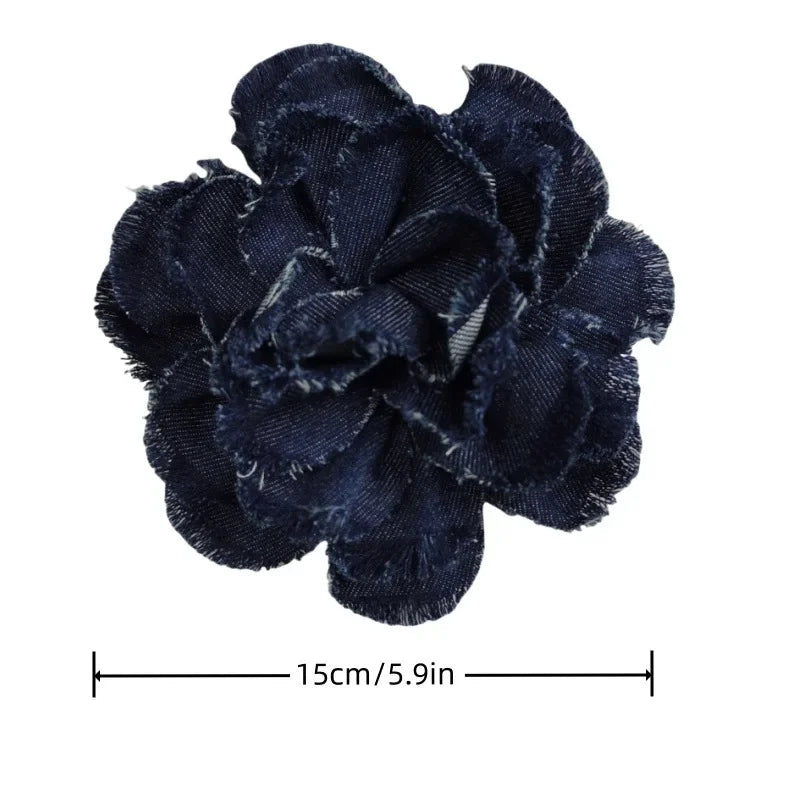 Handmade Denim Rose Flower Brooch - 15cm Fashion Corsage Lapel Pin