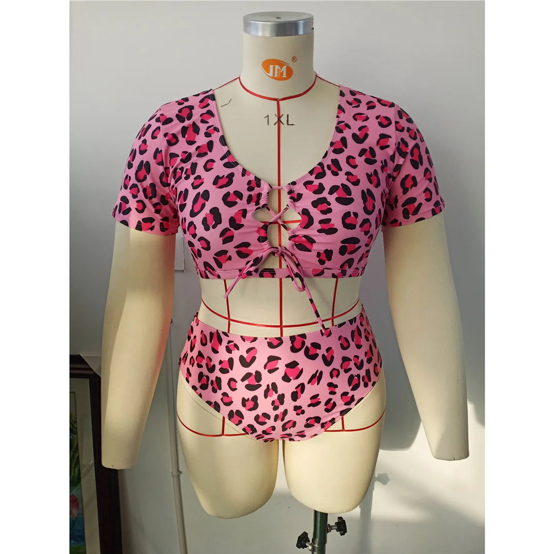 Women's Leopard Bikini Plus Size Swimwear Swimsuit Two-pieces Bikini Set