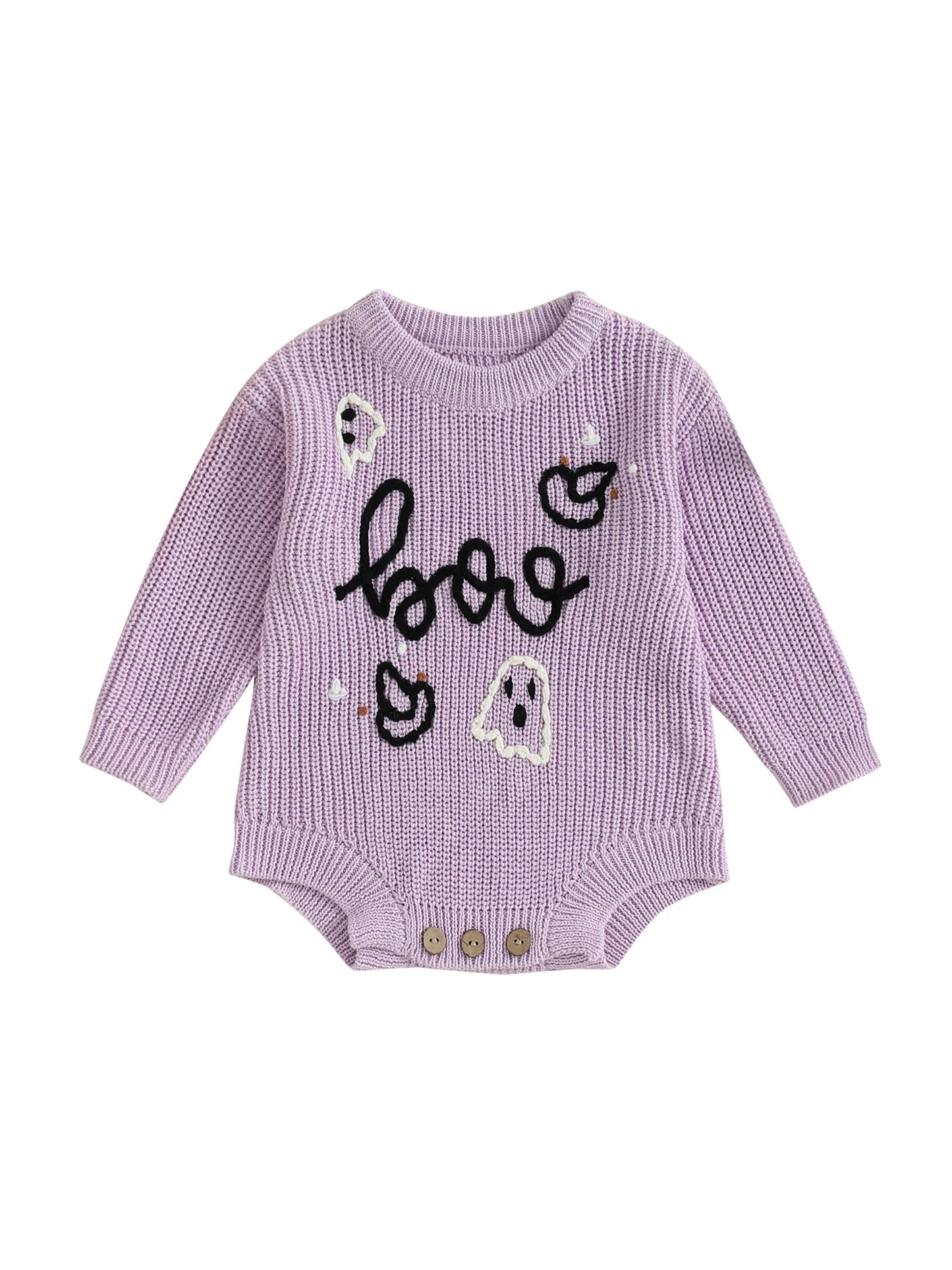 Newborn Baby Halloween Sweater Romper - Ghost Letter Embroidered Long Sleeve Jumpsuit