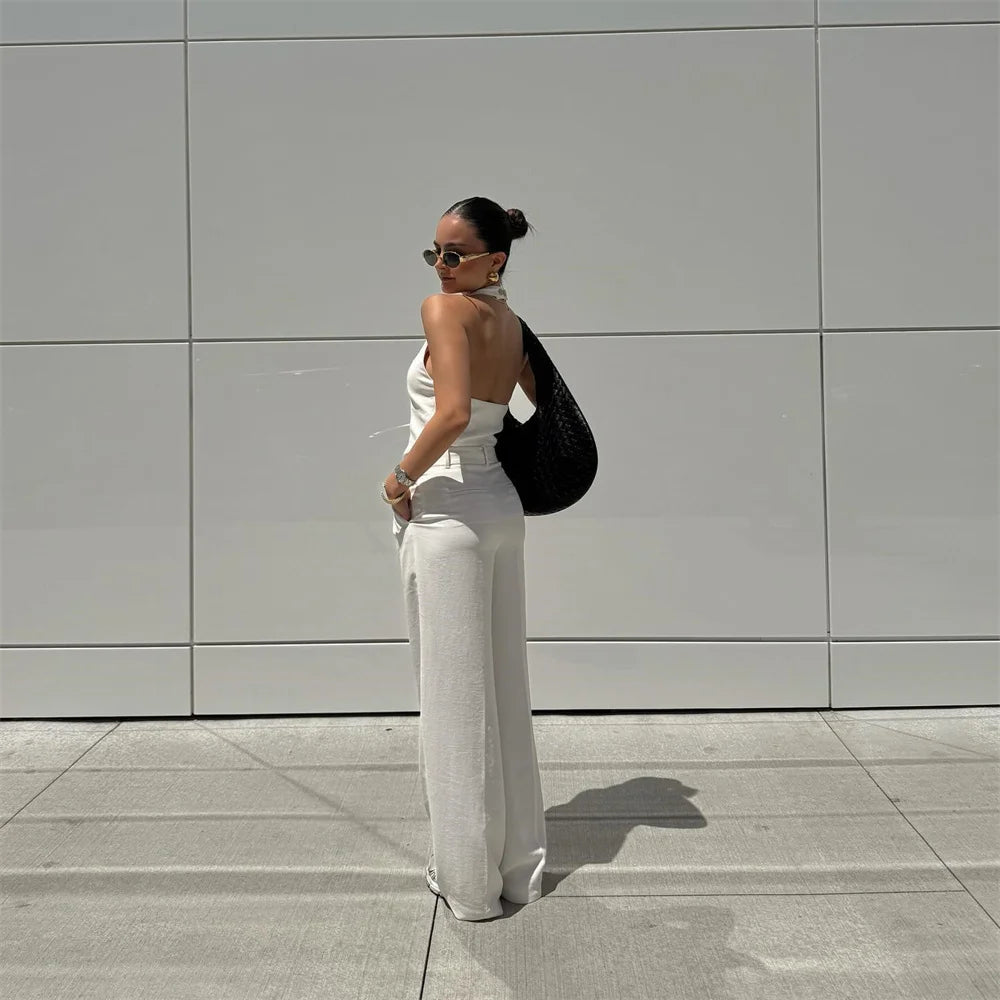 Women's Solid Colour Backless Hanging Neck Collar Vest Long Trousers Set