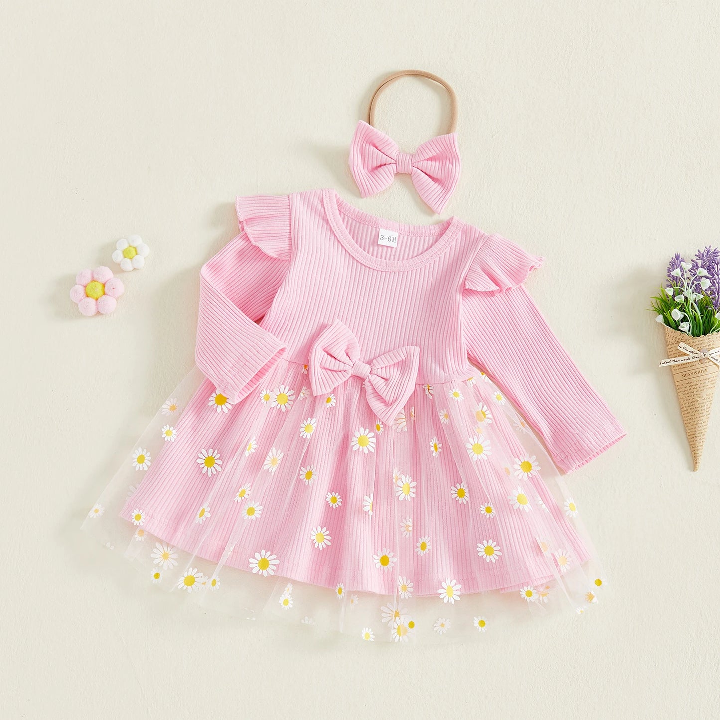 Lovely Baby Girls Fall Winter Dress - Sunflowers Print Tulle Dress with Headband (0-3Y)