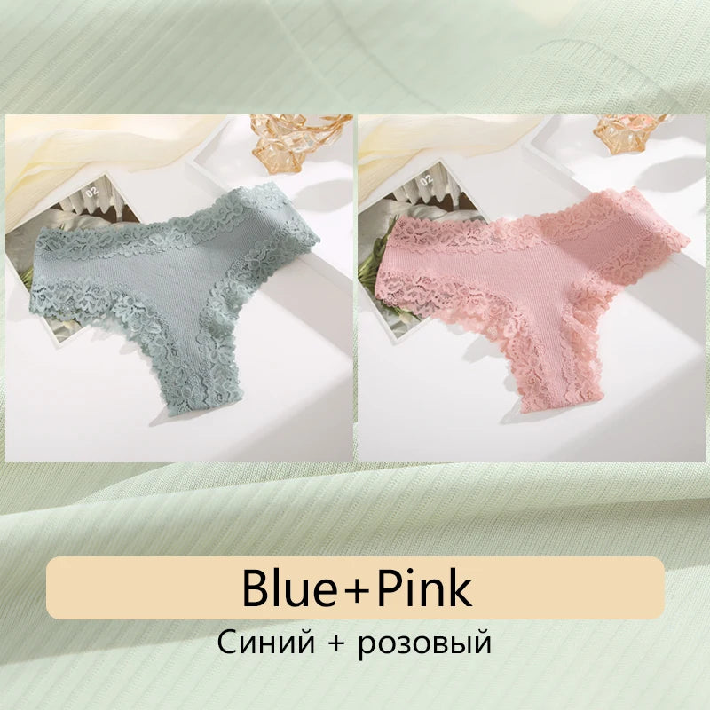 2PCS Women's Cotton Underwear - Lace Floral Low Rise Comfortable Lingerie
