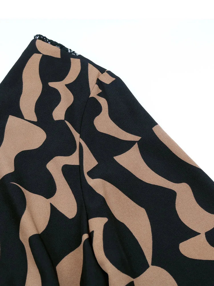 Women's Autumn Winter Long Sleeve Print Elegant V-neck Casual A-Line Knee-Length High Waist Dress