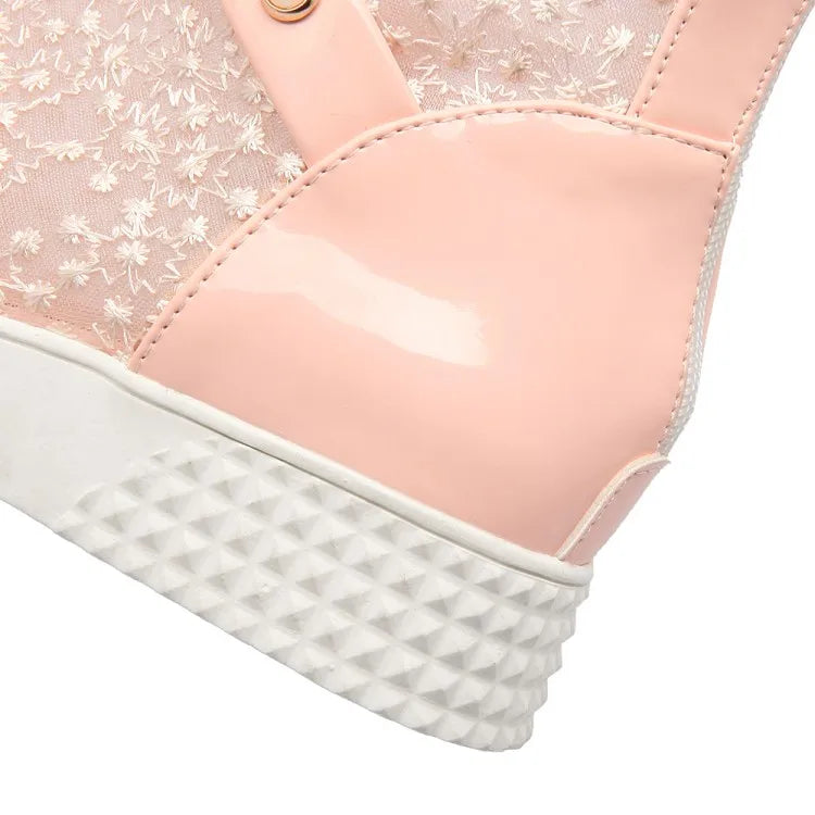 Women's Leather Splicing Mesh Pearl Metal Decoration Zipper Ankle Boots