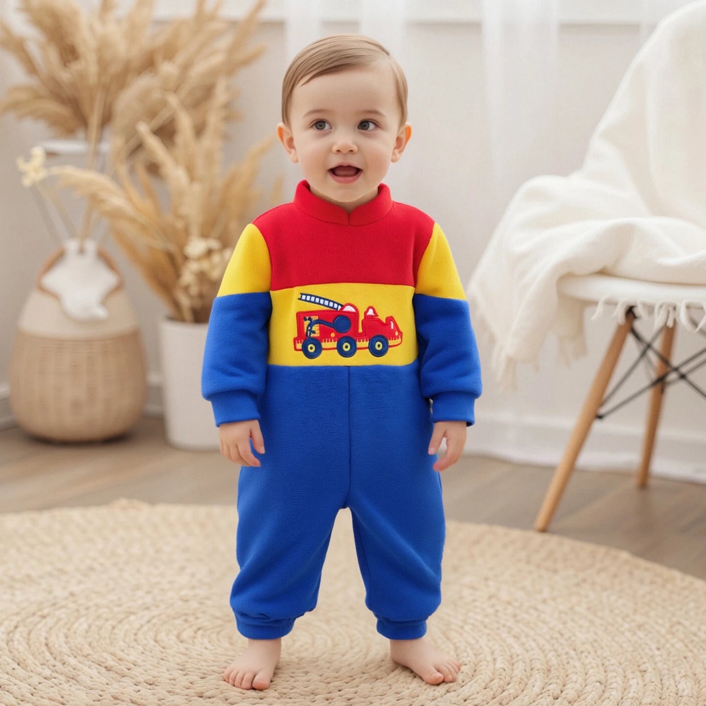 Infant Baby Boys Fall Winter Fleece Romper - Contrast Color Truck Embroidery Mock Neck Jumpsuit