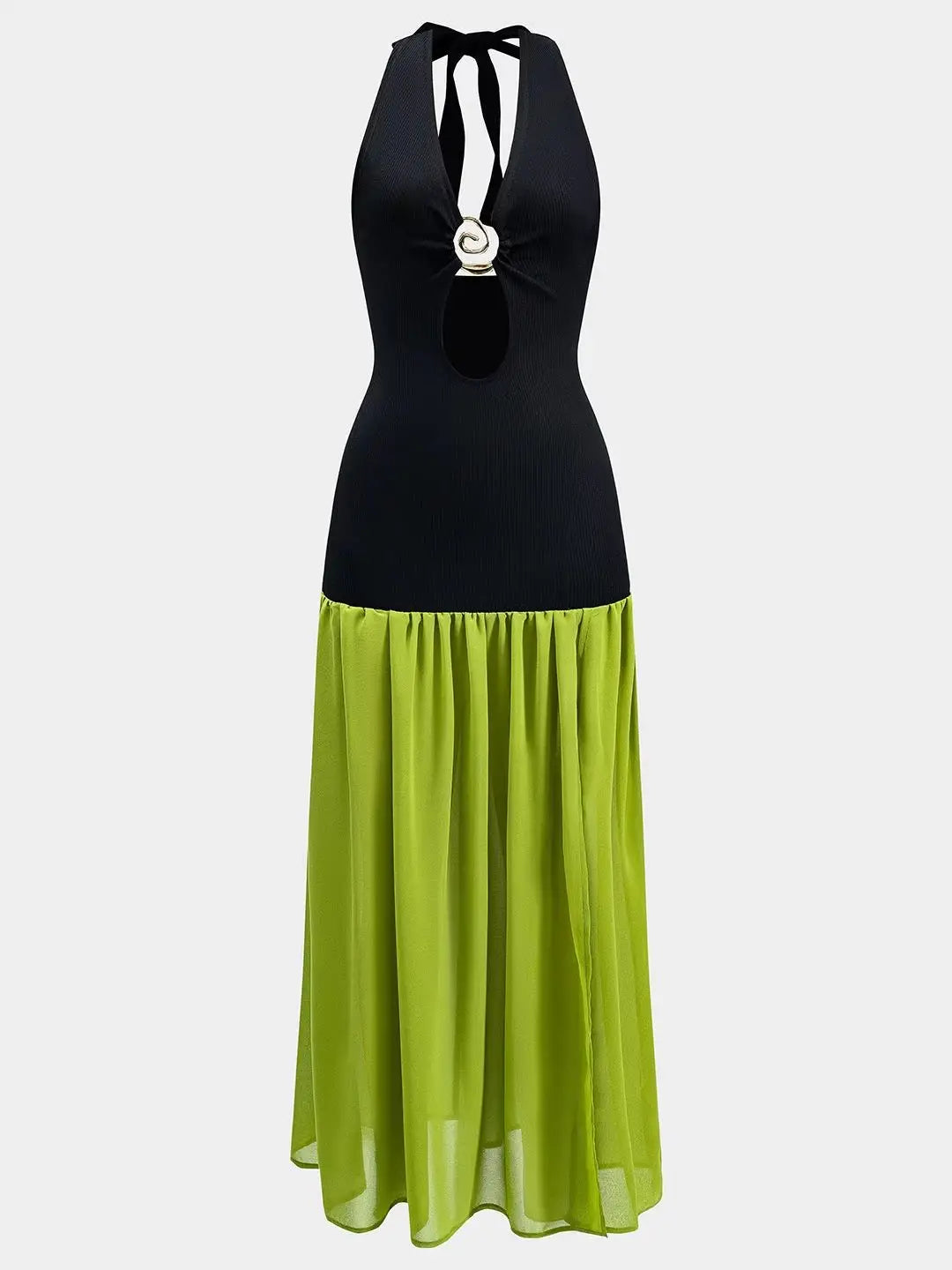 Women’s Chiffon Metallic Ruched Patchwork Cut Out V Neck Backless Halter Casual Column Sleeveless Summer Dress