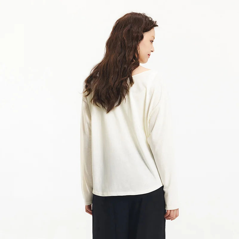 Women's Long Sleeve U-Neck T-Shirt - Minimalist Elegant Cardigan Style Top