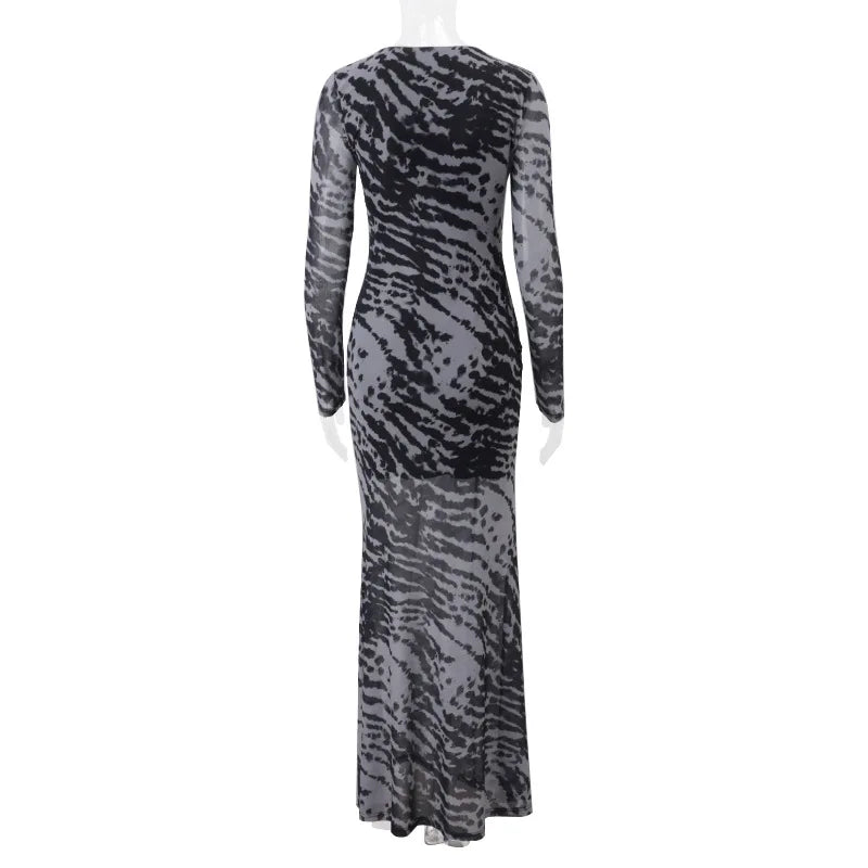 Women's Asymmetrical Ruched Zebra Stripe Maxi Dress - Long Sleeve Vintage Style