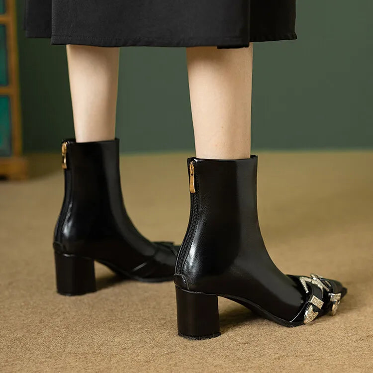 Women's Leather Metal Belt Buckle Short 6cm Square Heel Rivet Boot Back Zipper Boots