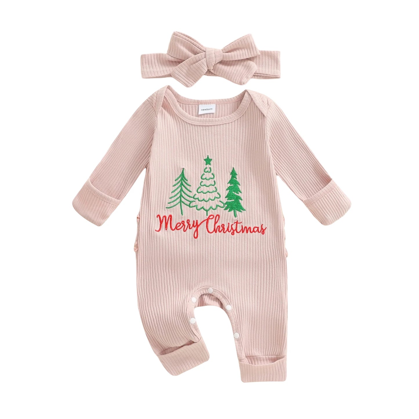 Newborn Baby Christmas Romper with Headband - Long Sleeve Xmas Tree Embroidery Jumpsuit