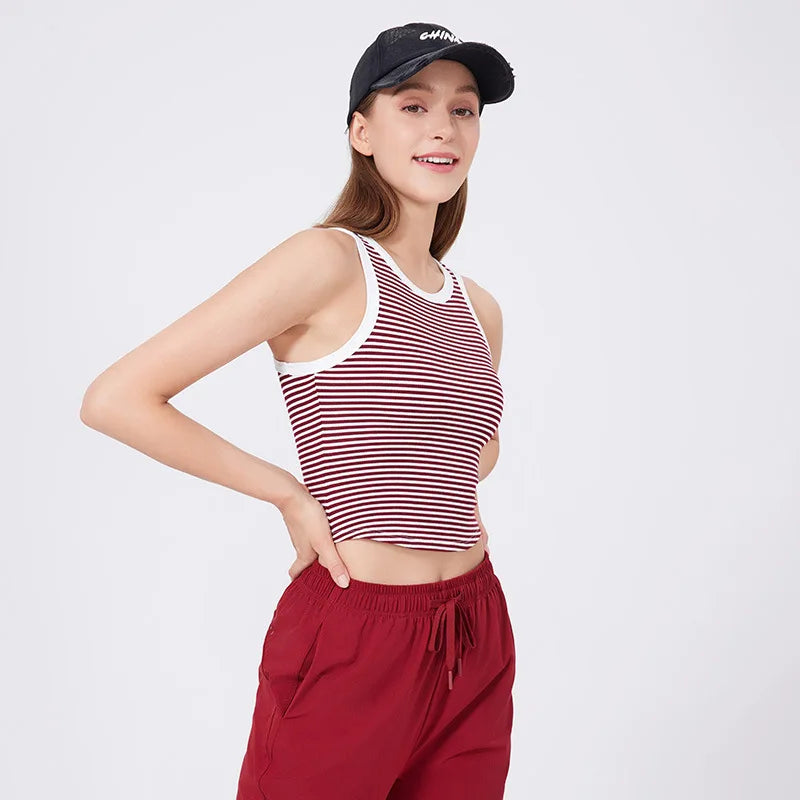 Women's Sleeveless Gym Crop Top Summer Stripes Running Vest With Chest Pads Breathable Quick Dry Sportswear Workout Vest