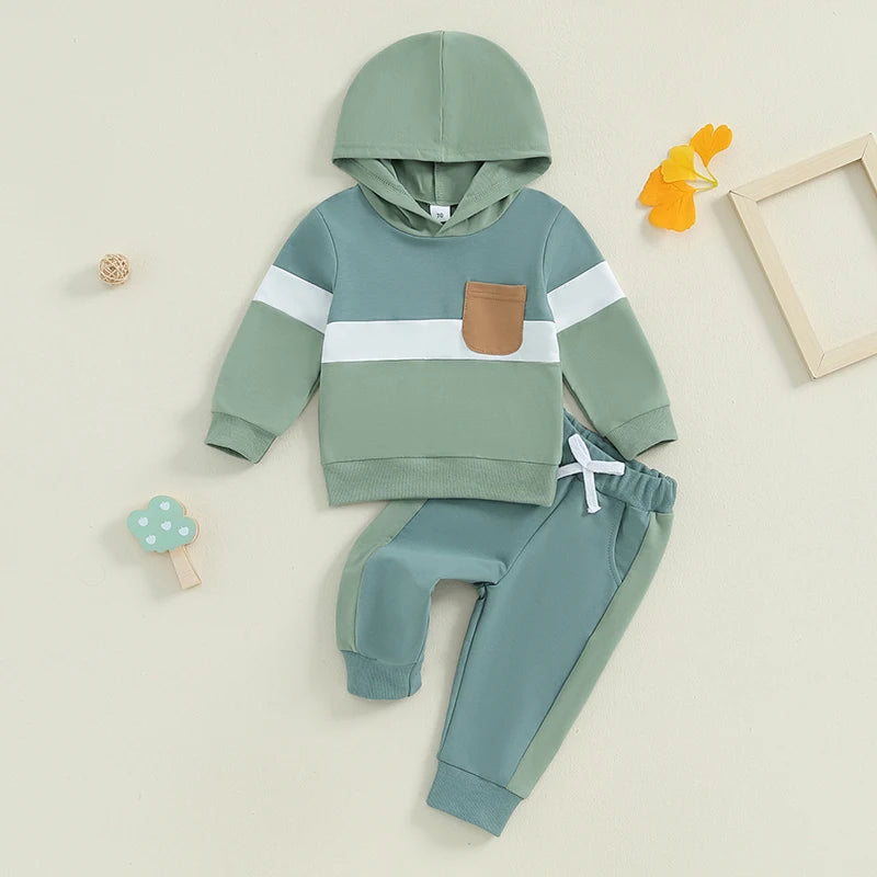 0-4Y Toddler Kids Boys Girls Fall Clothes Set Color Patchwork Long Sleeve Hooded Sweatshirt and Elastic Waist Pants
