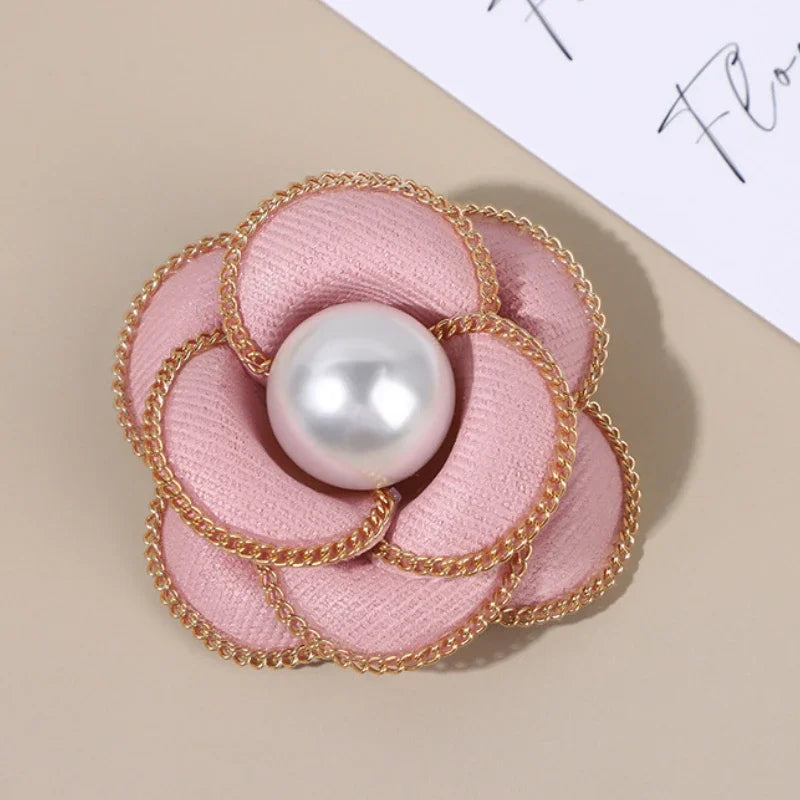 Elegant Fabric Camellia Flower Brooch - Pearl Crystal Lapel Pin for Women