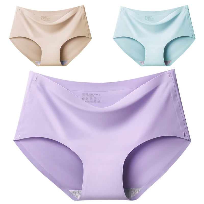 Women's 3Pcs Seamless Ice Silk Underwear Invisible Comfort Briefs Mid-waist Panties Breathable Lingerie