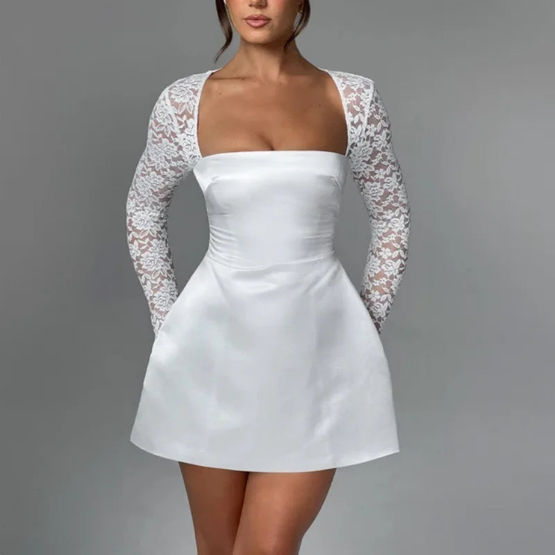Women's Lace Long Sleeve Mini Square Collar Backless A-line High Waist Party Dress