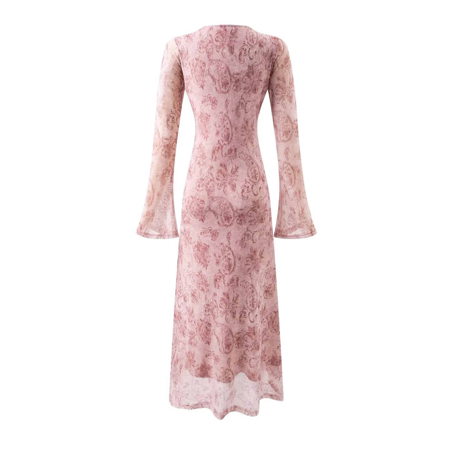 Women's French Retro Printed Mesh Dress - Trumpet Sleeve Wrap Style