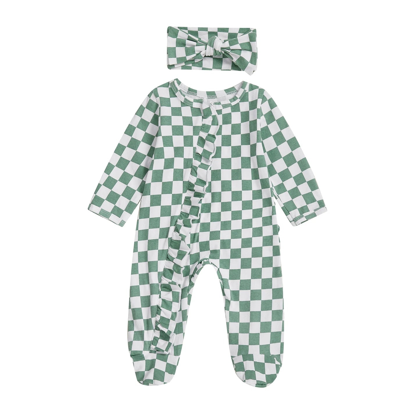 Newborn Baby Footie Set with Headband - Checkerboard Ruffled Zip Front Jumpsuit