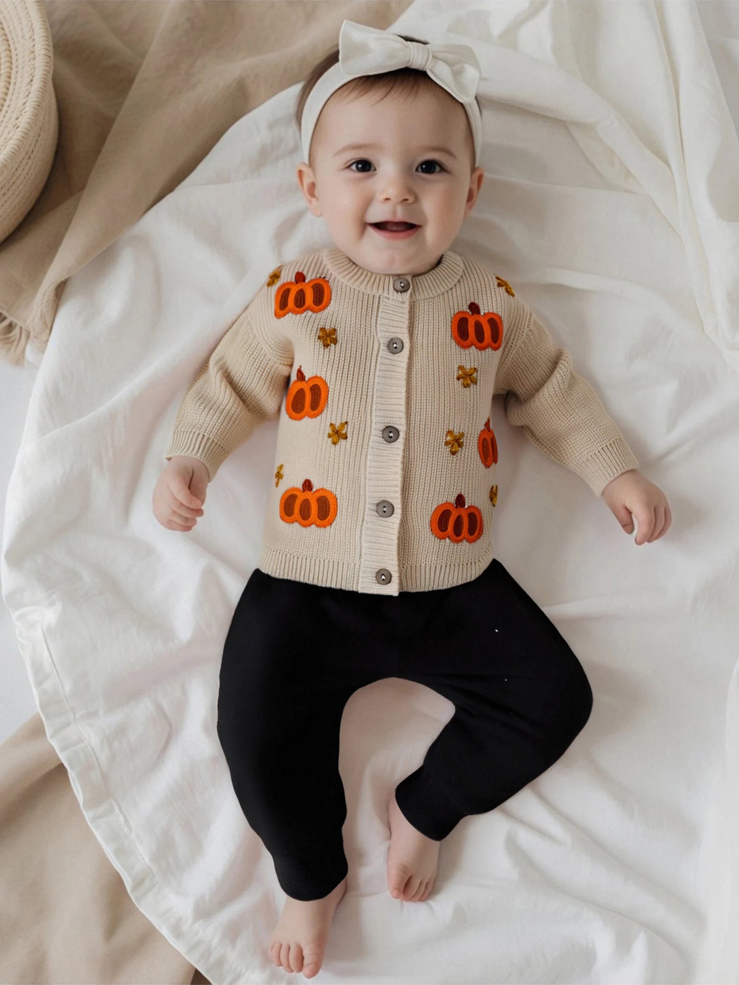 Toddler Halloween Cardigan - Pumpkin Embroidery Button Knit Sweater