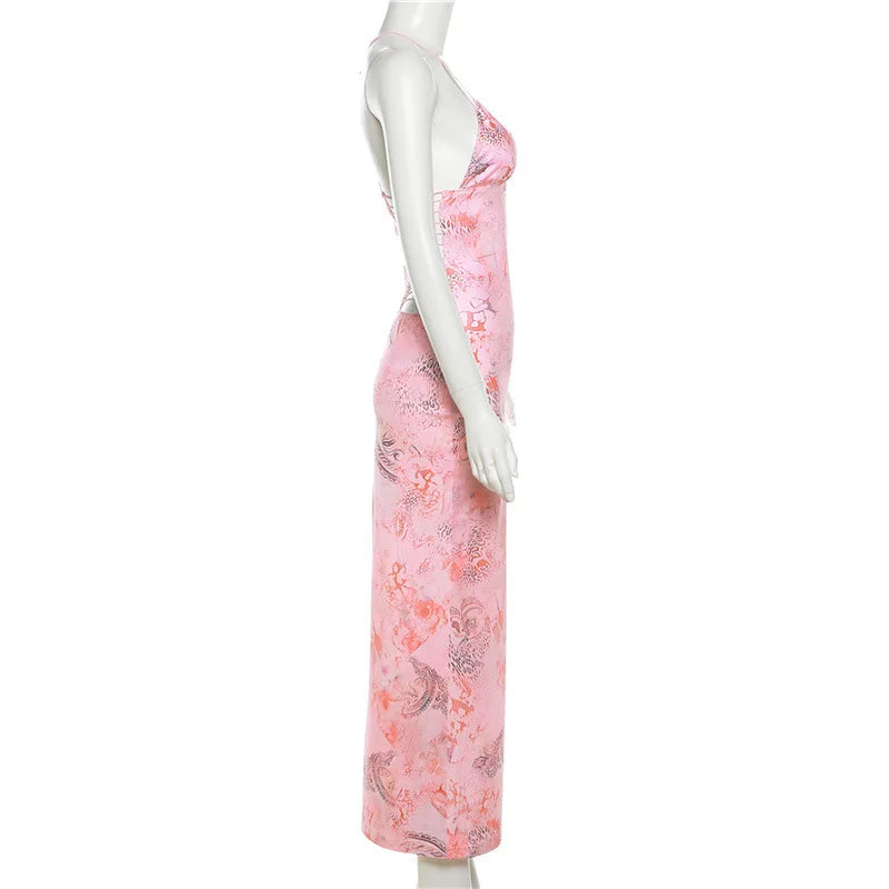 Women's Maxi Backless Butterfly Print Sleeveless Thin Line Summer Party Dress