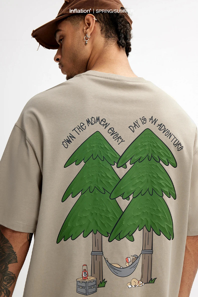 Unisex 265G Pine Tree Puff Print Heavyweight oversize Casual Pure Cotton Short Sleeve T-Shirt