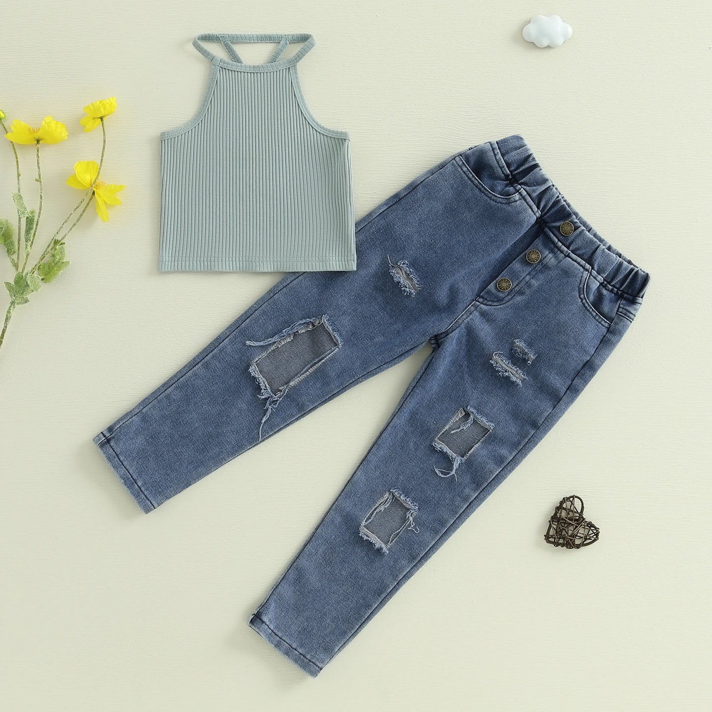 1-6Y Kids Girls Summer Clothes Sets Ribbed Halter Tank Tops and Elastic Ripped Denim Pants